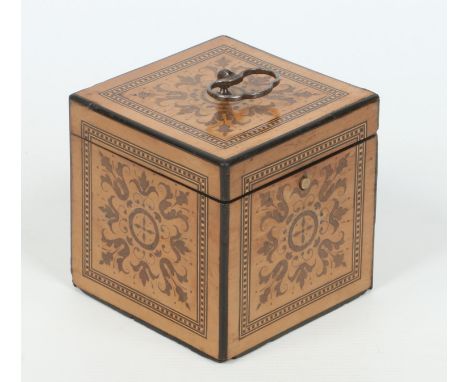 An early 19th century satinwood and marquetry inlaid box shaped tea caddy. With steel loop handle, button clasp and internal 