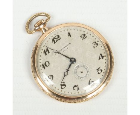 An Art Deco 14 carat gold cased slim pocket watch. With engine turned engraved dial having applied Arabic numeral markers, su