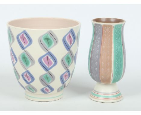 Two 1950s Poole pottery vases. One of free form by Ruth Pavely in the Harlequin pattern and the other of tulip form by Alfred