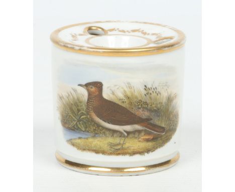 A Chamberlains Worcester drum shaped inkwell. With gilt bands and enamelled with a skylark in a landscape. The bird named and