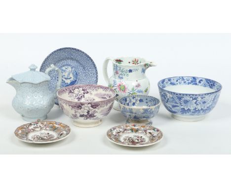 Eight pieces of Don pottery; a daisy moulded tisaniere and cover, and opaque china jug printed and enamelled with flowers, th