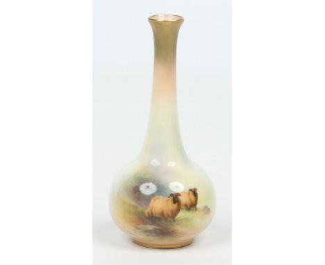 A Royal Worcester bud vase with tall slender neck by Ernest Barker. Painted with a pair of sheep in a landscape vignette. Sig