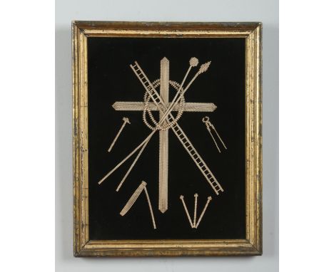 A religious gilt framed decoupage depicting a crucifix and various tools, 27cm x 21cm.  Condition Report. To be used as a gui