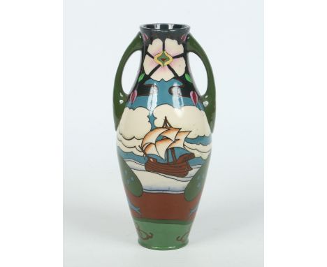 An Art Nouveau Wileman & Co. Foley Intarsio pottery twin handled vase. Decorated with ships at sail, stylized flowers, birds 
