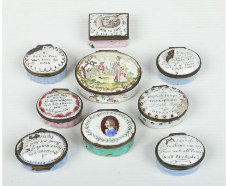 Nine Georgian enamel patch and snuff boxes. One painted with figures in a garden landscape, one with a portrait and the other