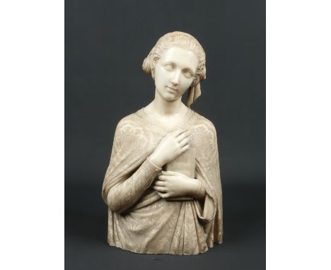 A 19th century Italian school carved alabaster portrait bust of Beatrice Portinari clutching Dante's La Vita Nuova. Her hair 