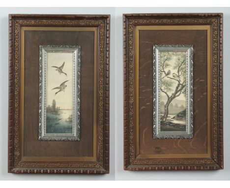 A pair of early 20th century framed Oriental watercolours. Each depicting a pair of birds in a landscape, 27cm x 19cm. Condit