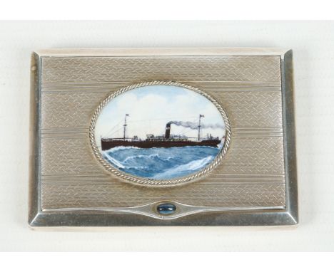 A Continental silver table snuff box. With engine turned engraving, enamel plaque decorated with a steamboat and having a cab