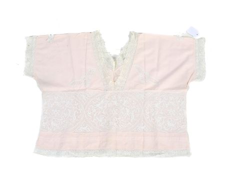 A early 20th century pink top and a bobbin lace scarf. The top with filet crochet panels and trim, the panels having scenes o