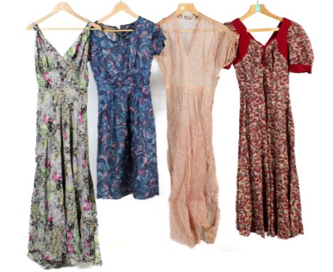Four vintage dresses. Comprising a Maryon Diana dress with short sleeves and constructed of red polka dot fabric, L121cm x ch
