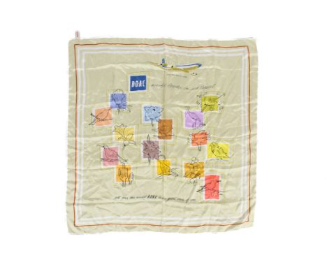 A 1950's souvenir silk scarf for BOAC. Printed of a scene of a B.O.A.C. Rolls-Royce 707 Jetliner and the company logo over th