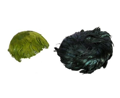 Two vintage ladies hats. Comprising a lime green cap with diamonte details and a Philip Somerville green feather and black fe