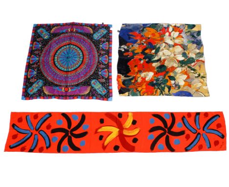 Three silk scarves designed for The National Gallery. Comprising a Mulberry silk scarf depicting an abstract still life of fl