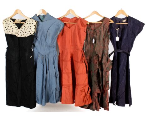 Five vintage taffeta dresses. Comprising a 1950s Maryon black pencil dress with a spotted collar, belt and pockets, L110cm x 