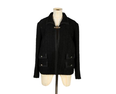 Three pieces of high end and designer clothing. Comprising a ladies Louis Feraud black laine jacket, having gold toned hardwa