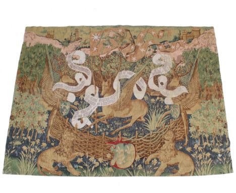 A Hines of Oxford 15th century style high quality silkscreened tapestry. 'Les Cerfs Ailes' (The Winged Stags), depicting thre