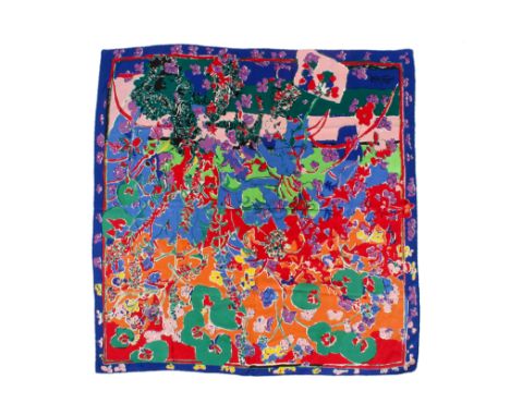 A Philip Sutton (1928) printed silk scarf. Constructed of Beckford Silk, decorated with colourful flowers and foliage on a mu