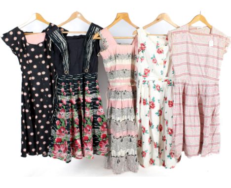 Five vintage summer dresses. Comprising a St Michaels cotton dress printed with pink flowers and stripes and having a pleated