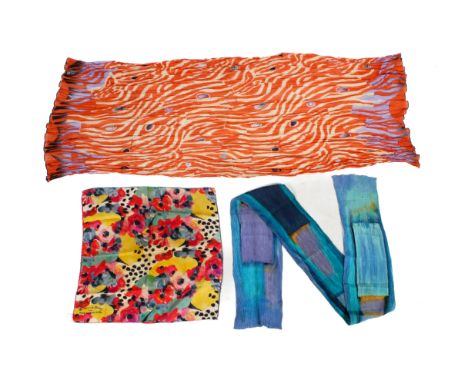 Three Georgina von Etzdorf (1955) silk scarves. Comprising a floral example, in a pink, yellow and grey palette, designed for