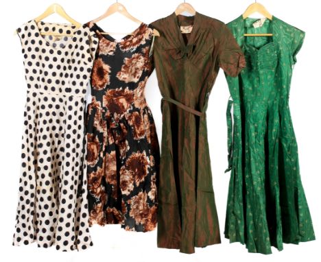 Four vintage 1950s &1960s taffeta dresses. Comprising a Linzi Lines at Richard Shops green dress, having gold details, a squa