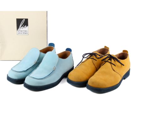 Two pairs of Charles Jourdan gentleman's shoes. Comprising a yellow ochre suede pair with black soles and laces, size 6 1/2 a