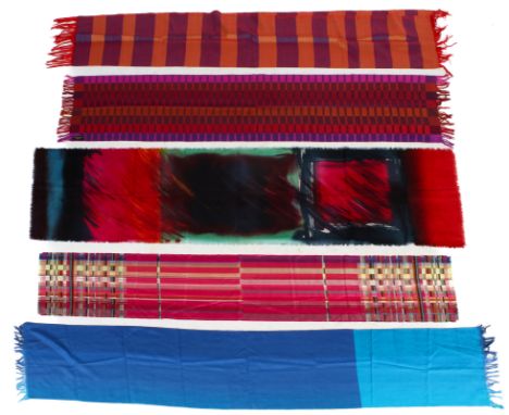 Five custom designed scarves. Comprising three attributed to Geraldine St Aubyn Hubbard (1946), including one with a painted 