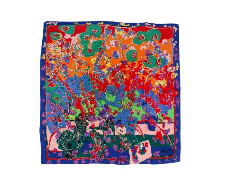 A Philip Sutton (1928), printed silk scarf. Constructed of Beckford Silk, decorated with colourful flowers and foliage on a m