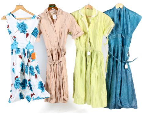 Four vintage and contemporary dresses. Comprising a  a St Michael pink dress with a v-neck, short sleeves, buttons down the f