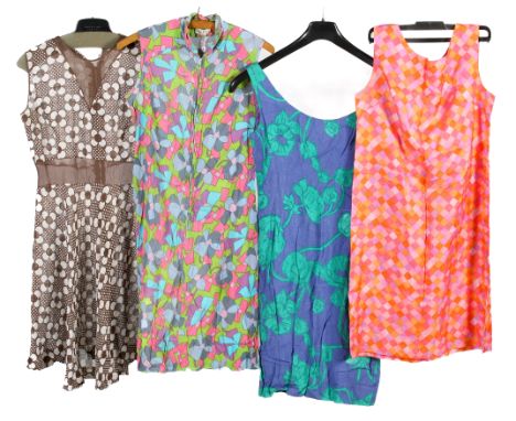 Four vintage dresses. Comprising a sleeveless dress in a brown and white floral pattern, L94cm x chest W45cm, a St Michael 'T