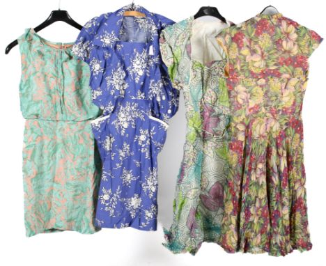 Four vintage dresses. Comprising a Terylene sleeveless dress, constructed of a pink and green patterned fabric, with ruffle d