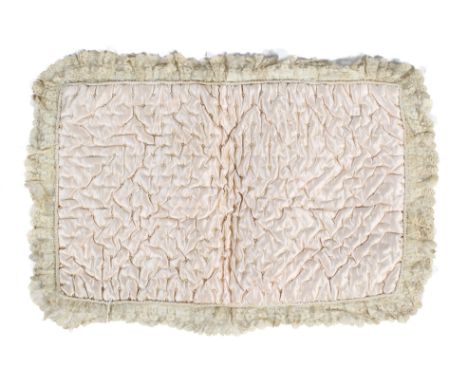 An antique boudoir case. The cream fabric exterior painted with an image of blossoms, trimmed with ribbon and floral bobbin l