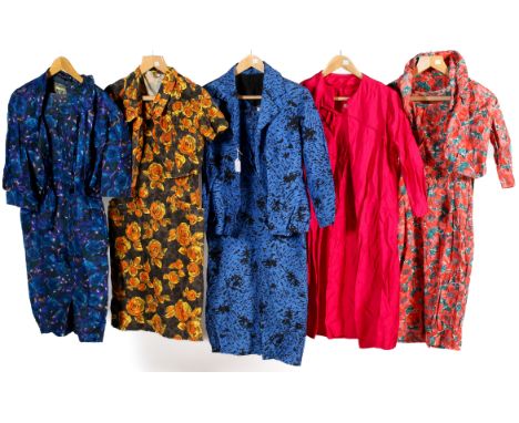 Five vintage dresses and boleros. Comprising a Lady About Town by John Selby cotton pencil dress with a v-neck and pockets, L