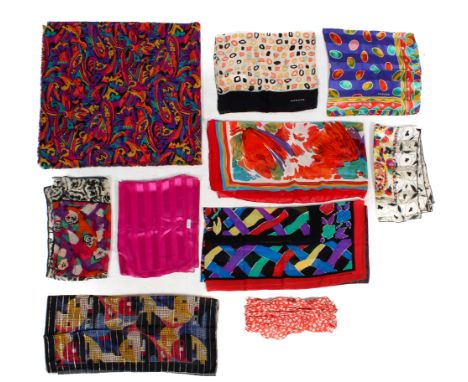 Ten Jaeger scarves. Including a woollen scarf with a purple, pink, yellow and orange floral pattern and a fringed edge, 135cm