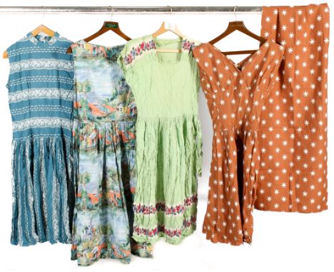 Four vintage dresses. Comprising a blue cotton dress with a striped pattern, L105cm x chest W52cm, a Key Note cotton dress, p
