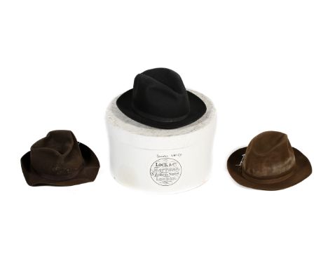 Three gentleman's vintage James Lock & Co felt hats. Comprising two brown fedora hats and a black trilby hat, all having the 