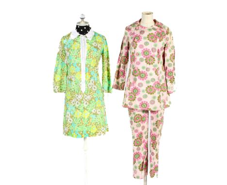 Two 1970's vintage outfits. Comprising a Diolen cotton shift dress, printed with a colourful green floral pattern, with a whi