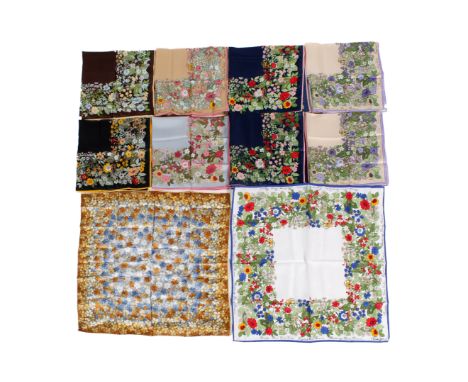 Ten vintage Cornelia James scarves. All of the polyester examples having a border of British flowers, in a variety of palette