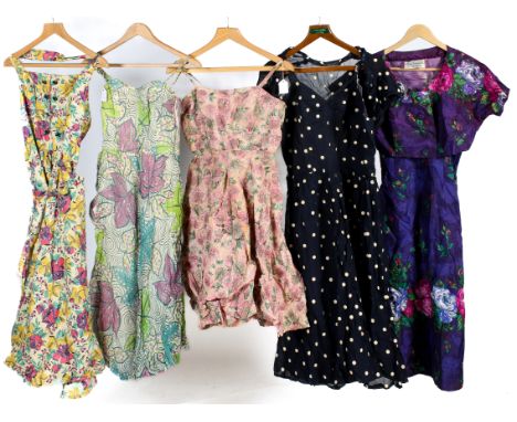 Five vintage summer dresses. Comprising an Alice Edwards purple taffeta dress and bolero, having velvet straps, the fabric pr