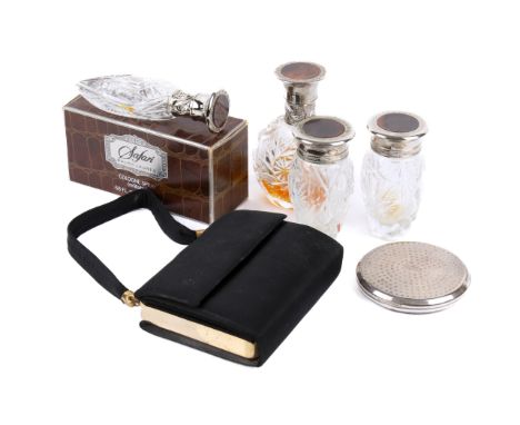 An assortment of vintage vanity items. Comprising a four piece Ralph Lauren 'Safari' Perfume set, the glass bottles with deco