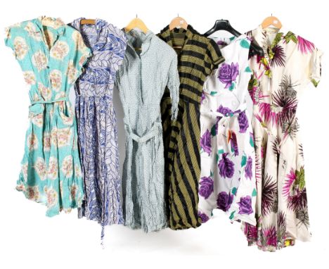 Six vintage summer dresses. All having short sleeves and a button-down front, comprising a Jane Hamilton, Bond Street organza