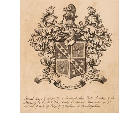 * Pepys (Samuel, 1633-1703). Armorial bookplate of Samuel Pepys, circa 1680-1690 [but later], engraving on laid paper, probab