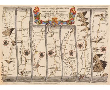 Ogilby (John). The Road from London to Montgomery North Wales [1675 or later] hand-coloured engraved strip road map, 335 x 45