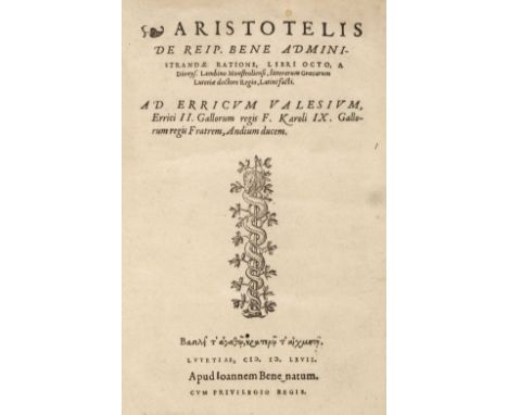 Aristotle. Aristotelis de reip. bene administrandae ratione, libri octo…, translated Denys Lambin, Paris: Jean Bienne, 1567, 