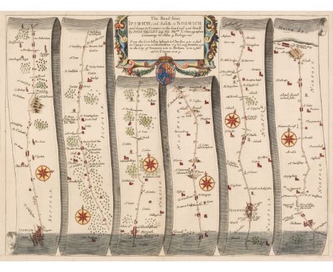 Ogilby (John). The Road from Ipswich com. Suffolk to Norwich and thence to Cromer on the Sea Coast..., [1675 or later], hand-