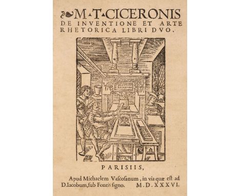 Cicero (Marcus Tullius). De invention et Arte Rhetorica, Paris: Michel Vascosan, 1536, [8], 95, [1] pp., large woodcut device
