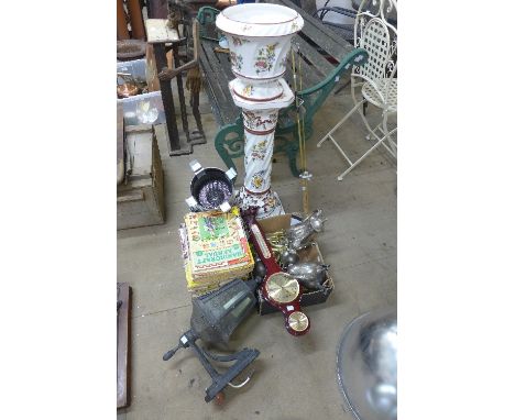 A jardiniere and stand, a lantern light, barometer, theatre light, vintage craft magazines