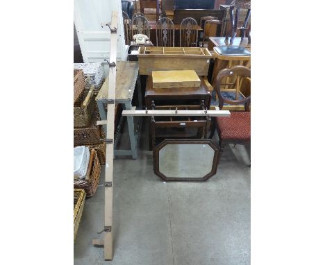 An oak barleytwist stick stand, oak mirror, pine hall table, two sets of hanging coat hooks, etc.