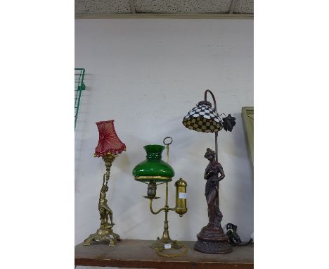 Two figural table lamps and brass table lamp