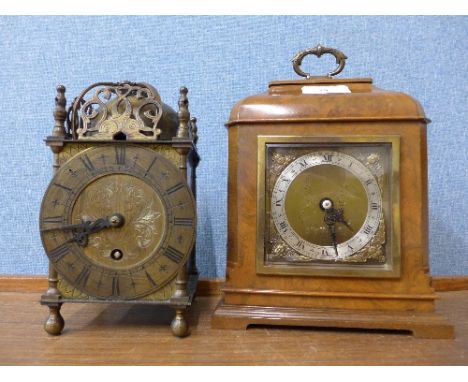 An Elliott walnut timepiece and a brass lantern clock, lantern clock a/f