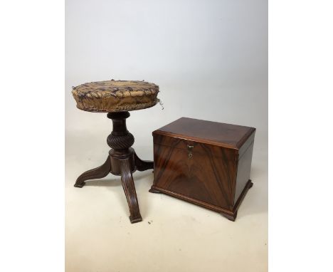 A vintage table top sewing box with lift out compartment and a revolving up and down piano stool W:36cm x D:31cm x H:30cm sew